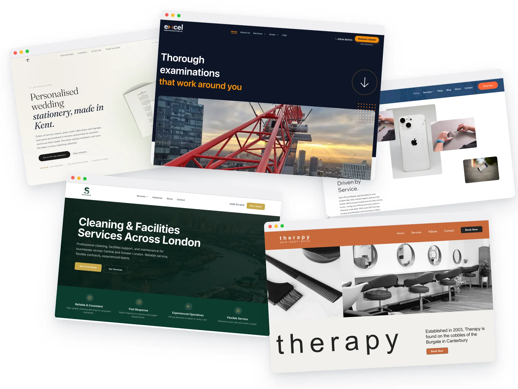 A selection of websites Business Sorted Kent has built for Kent businesses, including inspection, salon, cleaning, stationery and iPhone repair brands
