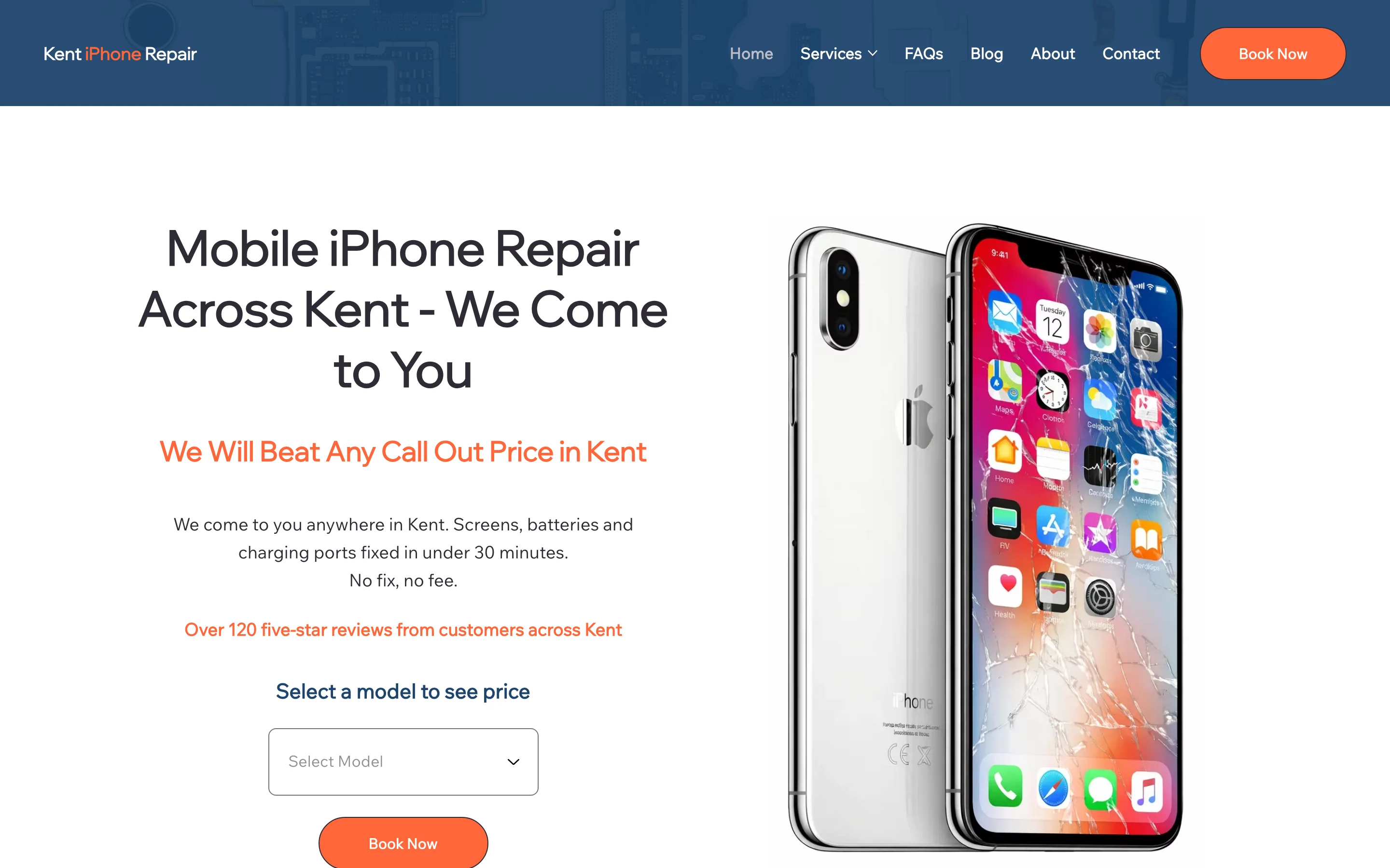The Kent iPhone Repair website, captured from www.kentiphonerepair.co.uk on 2026-08-20