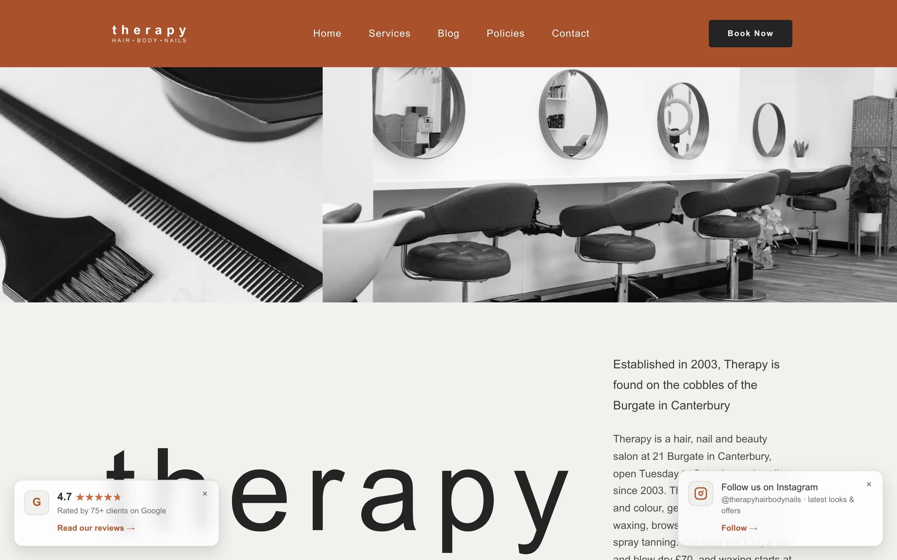 The Therapy Hair Body & Nails website, captured from www.therapyhairbodynails.co.uk on 2026-08-20